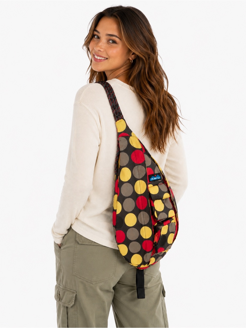 KAVU Rope Bag Sling Backpack Multicolor Polka Dot Crossbody Travel Daypack
